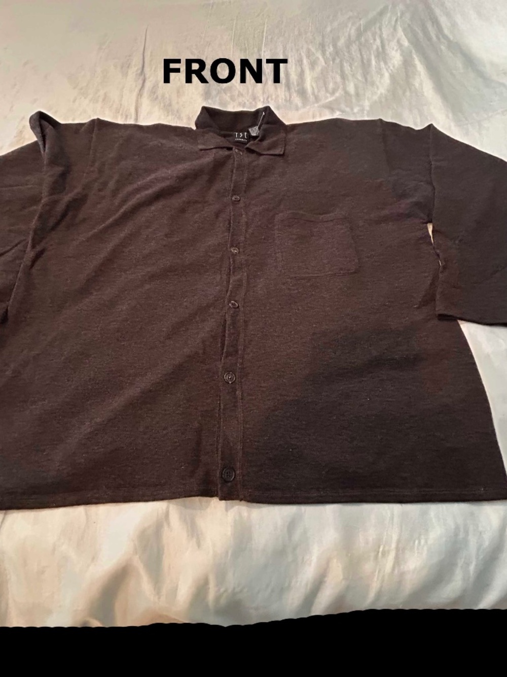 CARDIGAN, 100% CASHMERE, DARK BROWN, SIZE XL, SHIRT COLLAR, CHEST POCKET, HOLT R